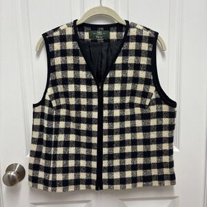Orvis Woman's Black And White Checkered Wool Full Zip Vest - Size 14